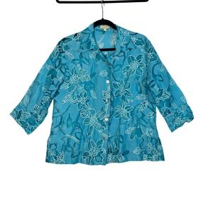 Choices Women's Floral Print Top Blouse Size‎ M 3/4 Sleeve Blue Casual 12% Linen
